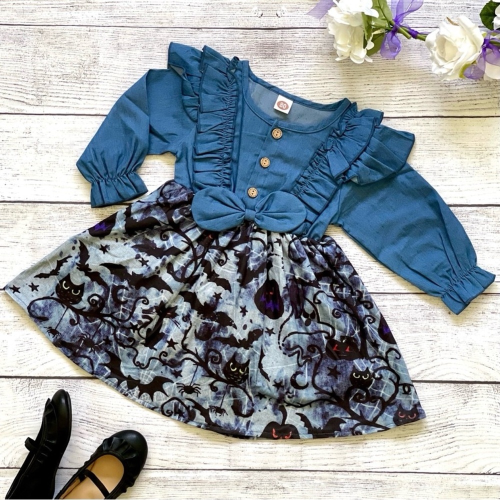 Halloween Long-Sleeve Bowknot Denim Dress for Baby Girls, Size 12-18m